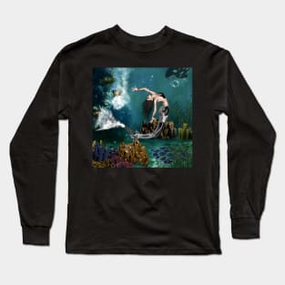 Wonderful steampunk mermaid in the deep ocean Long Sleeve T-Shirt